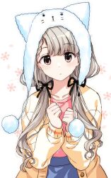 Rule 34 | 1girl, animal hat, bad id, bad twitter id, black ribbon, blue skirt, brown eyes, cardigan, collarbone, grey hair, hair ribbon, hands up, hat, highres, hisakawa nagi, idolmaster, idolmaster cinderella girls, long hair, looking at viewer, low twintails, migolu, open cardigan, open clothes, parted lips, pink shirt, pom pom (clothes), ribbon, shirt, skirt, solo, twintails, white hat, yellow cardigan