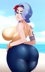 Rule 34 | 1girl, ass, bare shoulders, beach, blue hair, blue pants, breasts, cloud, cloudy sky, curvy, female focus, green eyes, highres, huge ass, lace, ladycandy2011, large breasts, looking at viewer, looking back, nojiko, ocean, one piece, ornament, pants, shirt, short hair, sideboob, sky, sleeveless, sleeveless shirt, solo, tattoo, topknot