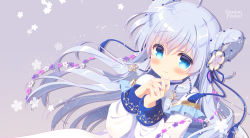 Rule 34 | 1girl, ahoge, blue eyes, blue hair, blush, closed mouth, commentary request, dress, floral background, flower, flower knight girl, grey background, hair between eyes, hair flower, hair ornament, hair rings, hands up, long hair, long sleeves, looking at viewer, own hands together, pink flower, purple flower, santa matsuri, solo, sutera (flower knight girl), very long hair, white dress, white flower