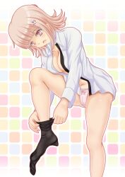 Rule 34 | 1girl, blush, breasts, cameltoe, cleavage, cleft of venus, collarbone, danganronpa (series), danganronpa 2: goodbye despair, eyebrows, female focus, galaga, highres, kishimen, long sleeves, looking down, medium breasts, nanami chiaki, navel, nipples through clothes, no bra, open clothes, open mouth, open shirt, panties, pink eyes, pink hair, pink panties, putting on socks, shirt, solo, spaceship hair ornament, standing, standing on one leg, toes, tongue, underwear, white shirt