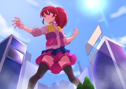 Rule 34 | 1girl, absurdres, aino megumi, black thighhighs, blue sky, building, city, closed mouth, cloud, collarbone, commission, day, fighting stance, from below, giant, giantess, happinesscharge precure!, heart, heart print, highres, jacket, long hair, open clothes, open jacket, outdoors, pink eyes, pink hair, pink shirt, pink skirt, precure, print shirt, shirt, skeb commission, skirt, sky, smile, solo, thighhighs, tirofinire