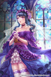 Rule 34 | 1girl, bare shoulders, blue hair, box (hotpppink), breasts, choker, church, cleavage, collarbone, commentary request, company name, dress, frilled dress, frills, garter straps, gloves, hair bun, hair ornament, headdress, highres, indoors, kanzashi, legs together, light rays, long sleeves, looking away, medium breasts, multicolored clothes, multicolored dress, obi, off-shoulder dress, off shoulder, official art, own hands clasped, own hands together, parted lips, pink eyes, purple dress, red choker, ribbon-trimmed legwear, ribbon trim, sash, sengoku yaraideka, sidelocks, single hair bun, solo, stained glass, standing, sunlight, swept bangs, thighhighs, veil, white gloves, white thighhighs