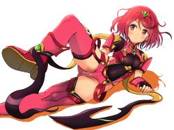 Rule 34 | 1girl, blush, breasts, covered navel, earrings, fingerless gloves, gloves, hair ornament, jewelry, looking at viewer, lying, medium breasts, nintendo, on side, pyra (xenoblade), red eyes, red hair, short hair, shorts, shougakusei, sidelocks, sky, solo, tiara, xenoblade chronicles (series), xenoblade chronicles 2, xenoblade chronicles (series), xenoblade chronicles 2