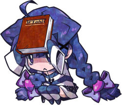 Rule 34 | 1girl, :&lt;, alice (criminal girls), book, bow, braid, bright pupils, chain, chibi, criminal girls, female focus, full body, hair bow, ichihaya, long hair, long sleeves, nippon ichi, official art, purple eyes, purple hair, simple background, sleeves past wrists, solo, squatting, striped clothes, striped thighhighs, thighhighs, twin braids, twintails, white background