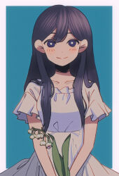 Rule 34 | 1girl, black eyes, black hair, blue background, blush, bright pupils, closed mouth, collarbone, dress, flower, hair behind ear, highres, holding, holding flower, lily of the valley, long hair, looking at viewer, mari (faraway) (omori), mari (omori), omori, short sleeves, smile, solo, straight-on, upper body, white dress, white pupils, zero (sleepy meltan)
