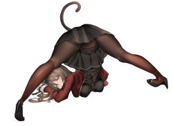Rule 34 | 1girl, absurdres, animal ears, arknights, bad id, bad pixiv id, black footwear, black shirt, black skirt, blush, breasts, brown hair, brown pantyhose, buttons, cat ears, cat girl, cat tail, commentary, covered mouth, crotch seam, from behind, full body, hair between eyes, high heels, highres, jack-o&#039; challenge, jacket, long hair, long sleeves, looking at viewer, looking back, maho (drmaho1), medium breasts, miniskirt, open clothes, open jacket, orange eyes, pantyhose, pleated skirt, red jacket, shirt, simple background, skirt, skyfire (arknights), solo, spread legs, tail, top-down bottom-up, white background