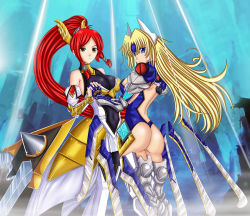 Rule 34 | 2girls, arc system works, armor, armored dress, ass, back, back cutout, bare shoulders, blade, blazblue, blazblue: chronophantasma, blonde hair, blue eyes, boots, breasts, clothing cutout, crotch plate, detached sleeves, forehead protector, hair ornament, hair tubes, holding hands, interlocked fingers, izayoi (blazblue), large breasts, leotard, long hair, mecha musume, mu-12, multiple girls, orange eyes, ponytail, red hair, seraphina, thigh boots, thighhighs, thong leotard, very long hair