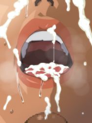 Rule 34 | 10s, 1girl, after fellatio, aftersex, bellows (suisei no gargantia), censored, close-up, cum, cum in mouth, cum on tongue, cumdrip, dark skin, don (rg06268), drooling, facial, hetero, highres, ice place, lips, lipstick, makeup, mosaic censoring, nose, only mouth, open mouth, penis, red lips, saliva, solo focus, suisei no gargantia, sweat, teeth, tongue