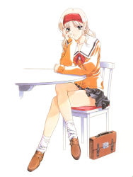 Rule 34 | 1990s (style), 1girl, blonde hair, chair, endou akira, kai tomohisa, loose socks, school uniform, sentimental graffiti, sitting, socks, solo, table