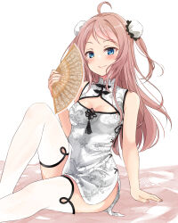 Rule 34 | 1girl, ahoge, airmilk310, blue eyes, blush, bun cover, china dress, chinese clothes, cleavage cutout, closed mouth, clothing cutout, commentary request, double bun, dress, folding fan, hair bun, hand fan, highres, holding, holding fan, long hair, looking at viewer, love live!, love live! nijigasaki high school idol club, mole, mole under eye, side slit, sidelocks, sitting, sleeveless, sleeveless dress, smile, solo, thighhighs, upper body, white background, white dress, white thighhighs, zhong lanzhu