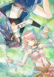Rule 34 | 10s, 2girls, bare shoulders, beads, belt, black hair, blush, bracelet, curly hair, closed eyes, faux traditional media, final fantasy, final fantasy xiii, flower, holding hands, indian clothes, jewelry, long hair, lying, midriff, multiple girls, naruse chisato, necklace, oerba dia vanille, oerba yun fang, on back, on side, pink hair, sari, short hair, short twintails, sitting, sleeping, tattoo, twintails