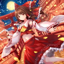 Rule 34 | 1girl, architecture, ascot, bare shoulders, bow, bridge, brown hair, building, closed mouth, cloud, commentary request, crop top, crop top overhang, detached sleeves, dutch angle, east asian architecture, frilled shirt collar, frilled skirt, frills, full moon, gohei, hair bow, hakurei reimu, highres, holding, long hair, long skirt, long sleeves, looking at viewer, midriff, moon, navel, night, night sky, outdoors, outstretched arms, petals, red bow, red eyes, red shirt, red skirt, ribbon-trimmed sleeves, ribbon trim, shirt, skirt, sky, smile, socks, solo, standing, sukemyon, torii, touhou, wide sleeves