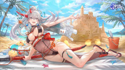 Rule 34 | 1girl, absurdres, asymmetrical horns, azur lane, beach, bibimbub, black nails, breasts, commentary, english commentary, grey eyes, grey hair, hair ornament, hakuryuu (azur lane), highres, horns, katana, large breasts, long hair, looking at viewer, mismatched horns, mole, mole on breast, nail polish, official art, outdoors, outstretched arm, parted lips, sand castle, sand sculpture, sandals, sideboob, single thighhigh, smile, solo, sword, thigh strap, thighhighs, thighs, water, weapon