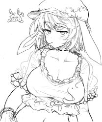 Rule 34 | 2girls, animal ears, breasts, cabbie hat, cleavage, collarbone, efukei, floppy ears, greyscale, hat, highres, large breasts, monochrome, multiple girls, navel, rabbit ears, ringo (touhou), seiran (touhou), short hair, simple background, sketch, solo focus, touhou, white background