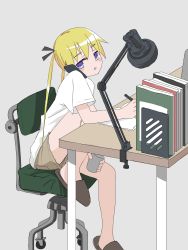 Rule 34 | 1girl, absurdres, bad id, bad twitter id, blush stickers, book, brown footwear, brown shorts, cellphone, chair, cradling phone, desk lamp, from side, gishiki (gshk), highres, holding, holding pen, kill me baby, knee up, lamp, notebook, parted lips, pen, phone, purple eyes, shirt, short shorts, short sleeves, shorts, slippers, smartphone, solo, sonya (kill me baby), table, talking on phone, twintails, white shirt, writing