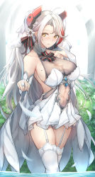 Rule 34 | 1girl, absurdres, ahoge, azur lane, bare shoulders, blush, breasts, bridal gauntlets, bridal veil, bride, bush, clothes lift, collarbone, commentary request, cowboy shot, cross, day, dress, hair ornament, headgear, highres, iron cross, large breasts, long hair, looking at viewer, mole, mole on breast, multicolored hair, panties, pantyshot, parted lips, partially submerged, pleated skirt, prinz eugen (azur lane), prinz eugen (symphonic fate) (azur lane), short dress, showgirl skirt, sidelocks, silver hair, sitting, skirt, skirt lift, smile, solo, standing, streaked hair, thighhighs, two side up, underwear, veil, very long hair, wading, water, wedding dress, white panties, white skirt, white thighhighs, yusha m