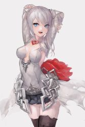Rule 34 | 1girl, absurdres, arms behind back, asymmetrical hair, black thighhighs, blue eyes, breasts, dress, egk513, flower, grey background, grey dress, grey hair, highres, long sleeves, medium breasts, open mouth, pleated skirt, red flower, short hair with long locks, simple background, sinoalice, skirt, smile, snow white (sinoalice), solo, teeth, thighhighs