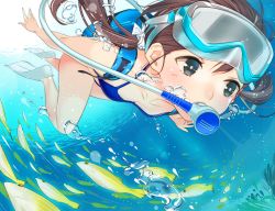 Rule 34 | 1girl, air bubble, ama mitsuki, bikini, blue bikini, blush, breasts, brown hair, bubble, collarbone, diving mask, diving mask on head, fish, flippers, floating hair, goggles, goggles on head, grey eyes, hair ornament, hair scrunchie, long hair, looking afar, low twintails, original, school of fish, scrunchie, scuba, scuba gear, small breasts, solo, swimsuit, twintails, underwater, you&#039;re doing it wrong