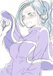 Rule 34 | 1girl, blue eyes, blue hair, breasts, chrono trigger, commentary request, dress, large breasts, long hair, ponytail, s-a-murai, schala zeal, solo