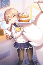 Rule 34 | 1girl, 1other, :d, absurdres, backpack, bag, black pantyhose, blue archive, blurry, brown hair, cake, chef hat, collarbone, commentary request, depth of field, food, hair between eyes, hair ribbon, halo, hat, head tilt, hifumi (blue archive), highres, holding, holding plate, indoors, long hair, long sleeves, looking at viewer, low twintails, open mouth, pantyhose, patissier, peroro (blue archive), plate, ribbon, school uniform, serafuku, shop, sidelocks, smile, sponge cake, twintails, wing hair ornament, wjddn, yellow eyes