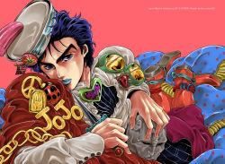 Rule 34 | 1boy, bad id, bad pixiv id, blue eyes, blue hair, blue lips, bug, butterfly, chain, dixie cup hat, flag, goggles, gomix, hat, bug, jewelry, jojo no kimyou na bouken, jonathan joestar, ladybug, lipstick, makeup, male focus, matching hair/eyes, military hat, peace symbol, red stone of aja, solo, star (symbol), star print, union jack