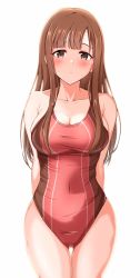 Rule 34 | 1girl, arms behind back, blush, breasts, brown hair, cleavage, competition swimsuit, covered navel, highres, hime cut, idolmaster, idolmaster cinderella girls, idolmaster cinderella girls starlight stage, large breasts, long hair, mizumoto yukari, one-piece swimsuit, raindrop746079, red one-piece swimsuit, simple background, swimsuit, white background