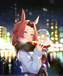 Rule 34 | 1girl, animal ears, blue eyes, blurry, blurry background, box, breath, brown hair, brown scarf, closed mouth, commentary request, depth of field, dress, enpera, ferris wheel, forehead, gift, gift box, hands up, highres, holding, holding gift, horse ears, horse girl, jacket, kawakami princess (umamusume), looking at viewer, nekomu, night, open clothes, open jacket, outdoors, parted bangs, plaid, plaid dress, red dress, reflection, scarf, smile, solo, umamusume, unmoving pattern, upper body, water, white jacket