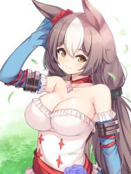 Rule 34 | 1girl, animal ears, arm up, bare shoulders, breasts, brown hair, choker, cleavage, collarbone, commentary request, detached sleeves, hair between eyes, highres, horse ears, kageira, large breasts, long hair, long sleeves, looking at viewer, red choker, red sash, sash, shirt, smile, solo, strapless, strapless shirt, umamusume, upper body, very long hair, white shirt, yamanin zephyr (umamusume), yellow eyes