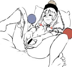 Rule 34 | 1girl, blush, censored, chain, choker, completely nude, earth (ornament), feet, heart, heart hands, hecatia lapislazuli, kagari6496, knees up, lying, monochrome, moon (ornament), navel, nude, off-shoulder shirt, off shoulder, on back, on bed, panties, panties around leg, pillow, presenting, pussy, shirt, sketch, solo, spot color, spread legs, toes, touhou, underwear