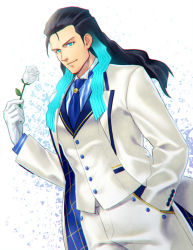 Rule 34 | 1boy, ahoge, black hair, blue eyes, blue hair, closed mouth, commentary request, fate/grand order, fate (series), gloves, gradient hair, jacket, long hair, long sleeves, looking at viewer, male focus, multicolored hair, nikola tesla (fate), smile, white gloves, zanshi