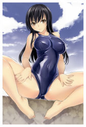 Rule 34 | 10s, 1girl, barefoot, black hair, blush, breasts, brown eyes, cameltoe, cleft of venus, cloud, cloudy sky, covered erect nipples, covered navel, day, hakaba (dairiseki), highres, kotegawa yui, large breasts, long hair, looking at viewer, one-piece swimsuit, scan, school swimsuit, shiny clothes, sitting, sky, smile, solo, spread legs, swimsuit, to love-ru, to love-ru darkness, yellow eyes