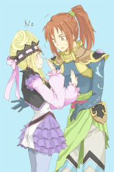 Rule 34 | 1boy, 1girl, armor, arria ekberg, blonde hair, blue background, blue eyes, blush, brown eyes, brown hair, english text, frills, headband, k-mame, long hair, open mouth, pants, pantyhose, ponytail, tales of (series), tales of the tempest, tilkis barone