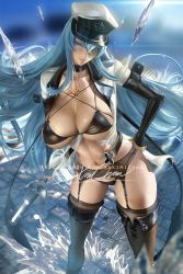 Rule 34 | 1girl, abs, akame ga kill!, banned artist, bikini, black bikini, black hair, blue eyes, blue hair, boots, breasts, chest tattoo, cleavage, esdeath, garter belt, garter straps, hair between eyes, hat, holding, holding weapon, ice, large breasts, long hair, looking at viewer, military, military hat, military uniform, navel, open clothes, peaked cap, rapier, sakimichan, smile, solo, standing, swimsuit, sword, tattoo, thigh boots, thighhighs, thighs, torn clothes, underwear, uniform, very long hair, weapon