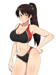 Rule 34 | 1girl, armpits, bare arms, bare legs, bare shoulders, black hair, blush, breasts, cleavage, collarbone, contrapposto, cowboy shot, curvy, earrings, hand on own hip, highres, jewelry, kagemusha, large breasts, legs, long hair, looking at viewer, midriff, original, parted lips, ponytail, purple eyes, shiny skin, simple background, smile, solo, sports bra, standing, thighs, white background