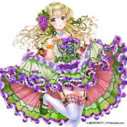 Rule 34 | 1girl, :o, armlet, bare shoulders, blonde hair, blush, bow, breasts, collarbone, company name, copyright name, dress, food, food-themed hair ornament, frilled dress, frills, fruit, garter straps, grape hair ornament, grapes, green dress, green eyes, hair ornament, hair ribbon, jewelry, leg up, long hair, mary janes, moyon, necklace, official art, ribbon, sangoku infinity, shoes, simple background, skirt hold, solo, thighhighs, white background, white thighhighs