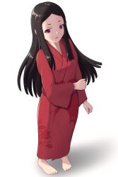 Rule 34 | 1girl, absurdres, animal print, black hair, flat chest, full body, hair ornament, hairclip, highres, hime cut, japanese clothes, kaibutsu oujo, kimono, long hair, nakua, open mouth, red eyes, red kimono, simple background, solo, spider print, visnola, white background