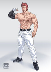 Rule 34 | 1boy, :q, abs, bara, belt, biceps, black belt, blue eyes, blush, bowling glove, brown hair, cross scar, detached sleeves, facial hair, fate/grand order, fate (series), full body, goatee, grin, highres, large pectorals, long sideburns, looking at viewer, male focus, mature male, monmonhomon, muscular, muscular male, napoleon bonaparte (fate), napoleon bonaparte (fate) (all the way bang), naughty face, navel, nipples, official alternate costume, paid reward available, pants, pectorals, scar, scar on chest, seductive smile, shoes, short hair, sideburns, single detached sleeve, smile, solo, standing, sweat, thick thighs, thighs, tongue, tongue out, topless male, white pants