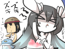 Rule 34 | &gt; &lt;, 10s, 1boy, 1girl, :x, abyssal ship, admiral (kancolle), anchorage water oni, black hair, brain freeze, closed eyes, commentary request, food, goma (gomasamune), hat, horns, ice shaver, kantai collection, long hair, shaved ice, short hair, simple background, sketch, straw hat, sweatdrop, translation request, triangle mouth