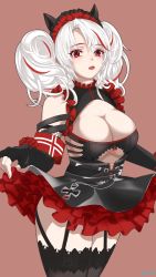 Rule 34 | 1girl, absurdres, artist name, azur lane, bare shoulders, black dress, black gloves, black thighhighs, breasts, cleavage, cleavage cutout, clothes lift, clothing cutout, dress, dress lift, fang, fingerless gloves, frilled dress, frills, garter straps, gloves, goblin003, highres, large breasts, layered dress, long hair, looking at viewer, official alternate costume, open mouth, prinz adalbert (after-hours service) (azur lane), prinz adalbert (azur lane), red dress, red eyes, red hair, simple background, skin fang, solo, standing, thighhighs, twintails, underboob cutout, white hair