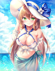 Rule 34 | 1girl, bad id, bad pixiv id, bare shoulders, bikini, blue ribbon, blue sky, blush, breasts, brown hair, caustics, cleavage, closed mouth, cloud, cloudy sky, collarbone, commentary request, criss-cross halter, day, front-tie top, girls&#039; frontline, green eyes, halterneck, hand up, hat, hat ribbon, hinaki (hinaki 0102), large breasts, long hair, looking at viewer, navel, o-ring, o-ring bikini, o-ring top, off shoulder, official alternate costume, outdoors, ribbon, sarong, shirt, sky, smile, solo, springfield (girls&#039; frontline), standing, stomach, sun hat, sunlight, swimsuit, thighs, very long hair, water, white bikini, white hat, white shirt