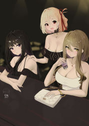 Rule 34 | 3girls, absurdres, bag, bare shoulders, black choker, black dress, black hair, blonde hair, bob cut, bracelet, breasts, brown hair, choker, cleavage, commentary request, cup, dress, drinking glass, frilled dress, frills, hair between eyes, hair ribbon, hand on another&#039;s shoulder, handbag, highres, inoue takina, jewelry, kawa tamago, large breasts, long hair, looking at viewer, looking to the side, lycoris recoil, medium breasts, multiple girls, nakahara mizuki, necklace, nishikigi chisato, off-shoulder dress, off shoulder, purple eyes, red eyes, red ribbon, ribbon, short hair, shot glass, sitting, strapless, strapless dress, white dress