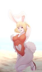 Rule 34 | 1girl, absurdres, animal ears, arm up, ass, bare legs, beach, breasts, carrot (one piece), clothing cutout, furry, furry female, happy, highleg, highleg swimsuit, highres, large breasts, looking at viewer, mycrys, navel cutout, one-piece swimsuit, one piece, orange one-piece swimsuit, rabbit ears, rabbit tail, sandals, shiny skin, shoes, short hair, simple background, smile, solo, standing, standing on one leg, swimsuit, wide hips