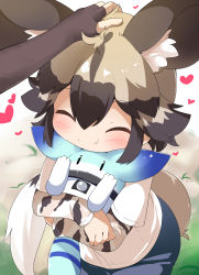 Rule 34 | 2girls, :t, ^ ^, african wild dog (kemono friends), animal ear fluff, animal ears, black gloves, black hair, blue pants, blurry, blurry background, blush, brown bear (kemono friends), brown hair, closed eyes, closed mouth, commentary request, depth of field, dog ears, dog girl, dog tail, elbow gloves, fingerless gloves, gloves, hair between eyes, headpat, heart, highres, hug, kemono friends, layered sleeves, long sleeves, lucky beast (kemono friends), makuran, multicolored hair, multiple girls, out of frame, pants, robot, shirt, short over long sleeves, short sleeves, tail, two-tone hair, white shirt