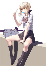 Rule 34 | 1girl, artoria pendragon (all), artoria pendragon (fate), bag, between legs, black bow, black skirt, black socks, blonde hair, bow, bowtie, braid, buttons, collared shirt, commentary request, dessert, dress shirt, duffel bag, eating, fate/stay night, fate (series), food, foot dangle, foreshortening, french braid, hair bow, hair ribbon, hand between legs, holding, ice cream, kneehighs, kukuri (ahagon), mouth hold, no shoes, orange eyes, pink bow, pink bowtie, pleated skirt, popsicle, popsicle stick, ribbon, saber (fate), saber alter, school uniform, shirt, short hair, short sleeves, sidelocks, simple background, sitting, sketch, skirt, socks, solo, sword, weapon, white background, white shirt, wing collar, yellow eyes