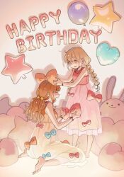 Rule 34 | 2girls, alternate costume, balloon, barefoot, blonde hair, bow, braid, brown hair, chanosuke, closed eyes, dress, dress bow, dressing another, full body, futaba anzu, hair bow, hair ornament, happy birthday, heart balloon, holding, holding bow (ornament), idolmaster, idolmaster cinderella girls, long dress, long hair, looking at another, low twin braids, low twintails, matching outfits, moroboshi kirari, multiple girls, open mouth, orange bow, overskirt, profile, red bow, see-through, see-through skirt, shadow, sitting, skirt, sleeveless, sleeveless dress, smile, standing, star (symbol), star balloon, star hair ornament, stuffed animal, stuffed rabbit, stuffed toy, twin braids, twintails, wariza, yellow eyes