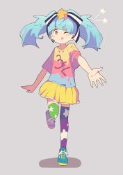 Rule 34 | 10s, 1girl, blue hair, female focus, full body, hair ornament, hoshikawa lily, nakkasu, one eye closed, simple background, solo, standing, standing on one leg, star (symbol), star hair ornament, thighhighs, tongue, tongue out, twintails, zombie land saga