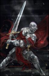Rule 34 | 1boy, absurdres, armor, breastplate, cape, commentary, dark souls (series), dark souls iii, faulds, feet out of frame, fighting stance, full armor, gauntlets, greatsword, greaves, helmet, highres, holding, holding sword, holding weapon, knight, lothric knight, male focus, nslacka, pauldrons, red cape, scabbard, sheath, sheathed, shoulder armor, solo, sword, weapon