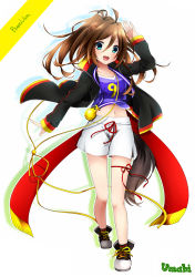 Rule 34 | 1girl, :d, black jacket, blue eyes, blush, brown hair, buena vista (racehorse), character name, copyright name, full body, fulunukko, hand up, highres, jacket, long hair, looking at viewer, medal, navel, open mouth, personification, ponytail, shoes, shorts, simple background, smile, sneakers, solo, standing, string, string of fate, umabi, white background, white shorts