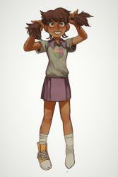 Rule 34 | 1girl, alternate hairstyle, amphibia, anne boonchuy, body freckles, brown eyes, brown hair, bunching hair, collared shirt, dark-skinned female, dark skin, female focus, freckles, full body, grey shirt, grin, hands up, highres, lips, looking at viewer, miniskirt, mossacannibalis, purple skirt, shirt, shoes, short sleeves, simple background, single shoe, skirt, smile, socks, solo, twintails, white socks, wing collar