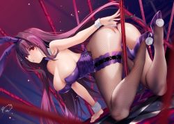 Rule 34 | 1girl, all fours, animal ears, arm behind back, ass, breasts, cleavage, detached collar, fake animal ears, fate/grand order, fate (series), feet up, fishnet legwear, fishnets, gae bolg (fate), hair between eyes, high heels, large breasts, leotard, long hair, looking at viewer, multiple weapons, obiwan, official alternate costume, on floor, playboy bunny, polearm, purple footwear, purple hair, purple leotard, purple neckwear, rabbit ears, rabbit tail, red eyes, scathach (fate), scathach (piercing bunny) (fate), sideways, signature, solo, spear, tail, thigh strap, thighs, very long hair, weapon, wrist cuffs